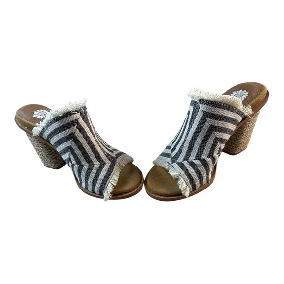Yellow Box Striped Fringe Heeled Mules Size 7.5 Boho Slip-On‎ Sandals - Picture 8 of 9